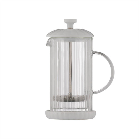 P & K French Press Luxe in white with glass carafe and stainless steel handle for brewing coffee or tea.