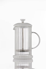 P & K Luxe white French press coffee maker with glass carafe and stainless steel lid, stylish and durable kitchen accessory.