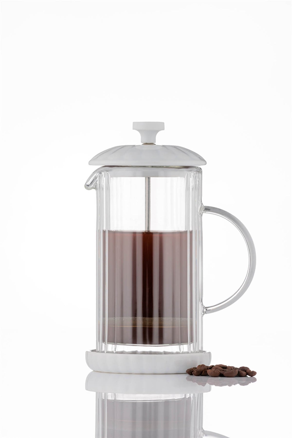 White P & K French press coffee maker from the Luxe series, featuring a sleek design and durable glass construction.