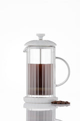 White P & K French press coffee maker from the Luxe series, featuring a sleek design and durable glass construction.