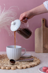 P & K French Press Luxe in white with a sleek glass body and stainless steel lid for brewing coffee or tea.