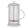 P & K Luxe French Press in white with glass carafe and stainless steel lid for brewing coffee or tea.