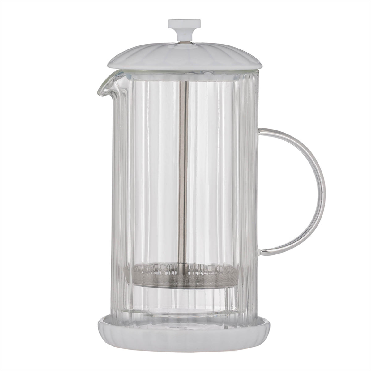P & K Luxe French Press in white with glass carafe and stainless steel lid for brewing coffee or tea.