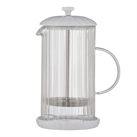 P & K Luxe French Press in white with glass carafe and stainless steel lid for brewing coffee or tea.