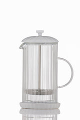 P & K French press Luxe in white, glass coffee maker with stainless steel lid and handle, perfect for brewing fresh coffee.