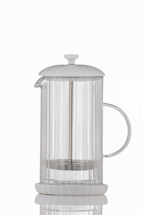 P & K French press Luxe in white, glass coffee maker with stainless steel lid and handle, perfect for brewing fresh coffee.
