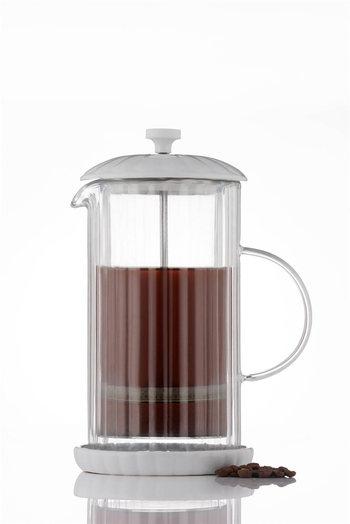 P & K Luxe French Press in white with a sleek glass and stainless steel design for brewing coffee or tea.