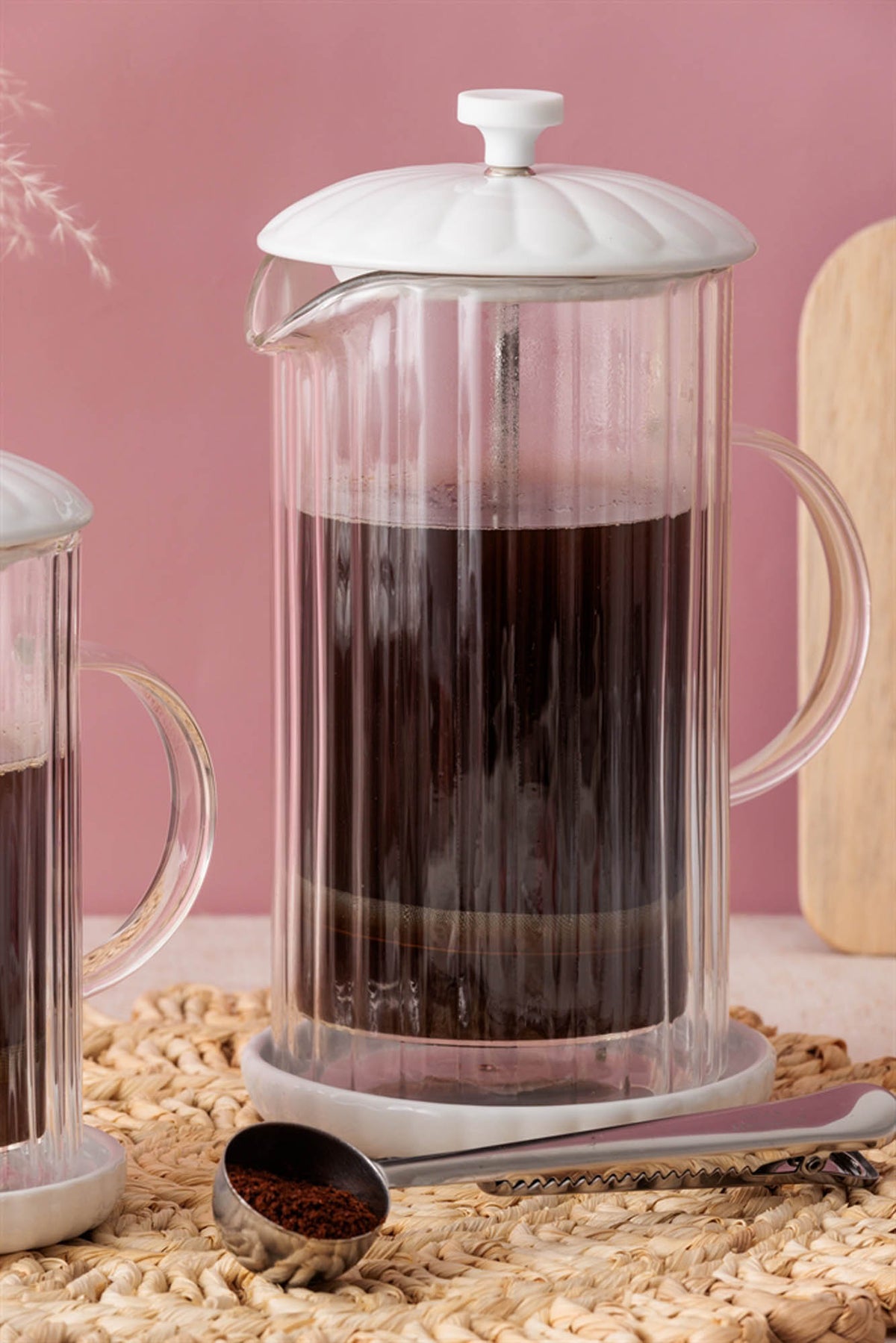 P & K Luxe French Press in white with glass carafe and stainless steel lid, stylish coffee maker for brewing.