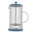 P & K Frenchpress in Taubenblau blue, 1-liter capacity, with glass carafe and stainless steel filter for brewing coffee or tea.