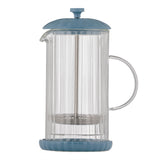 P & K Frenchpress in Taubenblau blue, 1-liter capacity, with glass carafe and stainless steel filter for brewing coffee or tea.