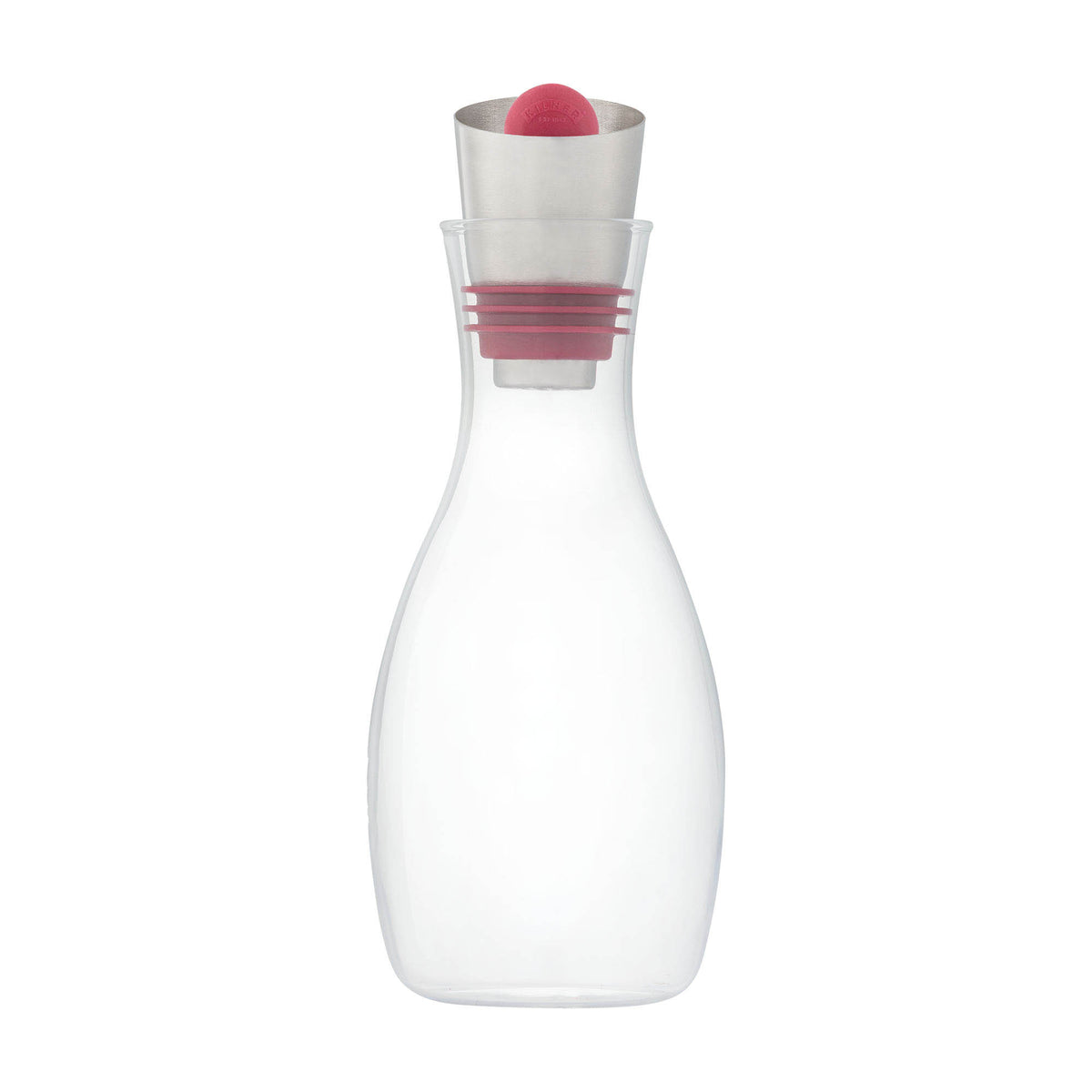 KILNER glass oil bottle with built-in sieve for easy pouring and filtering, featuring a clear glass design and metal screw cap.