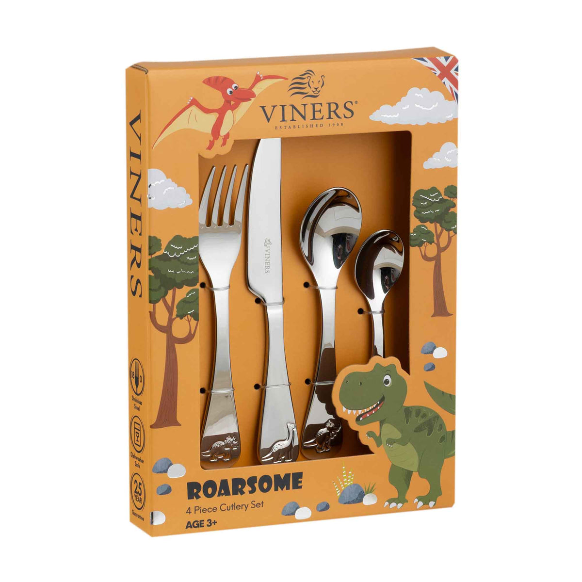 VINERS Kinderbesteck set with three stainless steel utensils, designed for children, featuring colorful handles for easy grip.