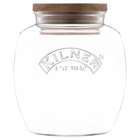KILNER Vorratsglas mit Akazienholzdeckel, transparent glass jar with natural wood lid for storage and organization.