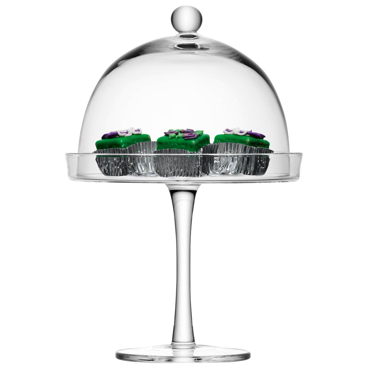 Clear LSA Vienna cakestand with cover, 23 cm diameter, 20.5 cm base, and 34.5 cm height, showcasing elegant glass design.