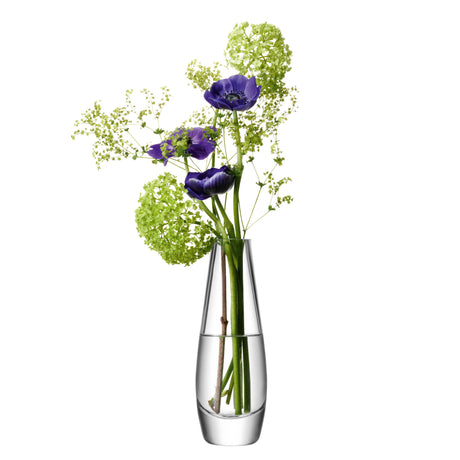 Clear glass LSA Flower single stem vase, 17cm tall, with a sleek, modern design perfect for displaying a single flower.