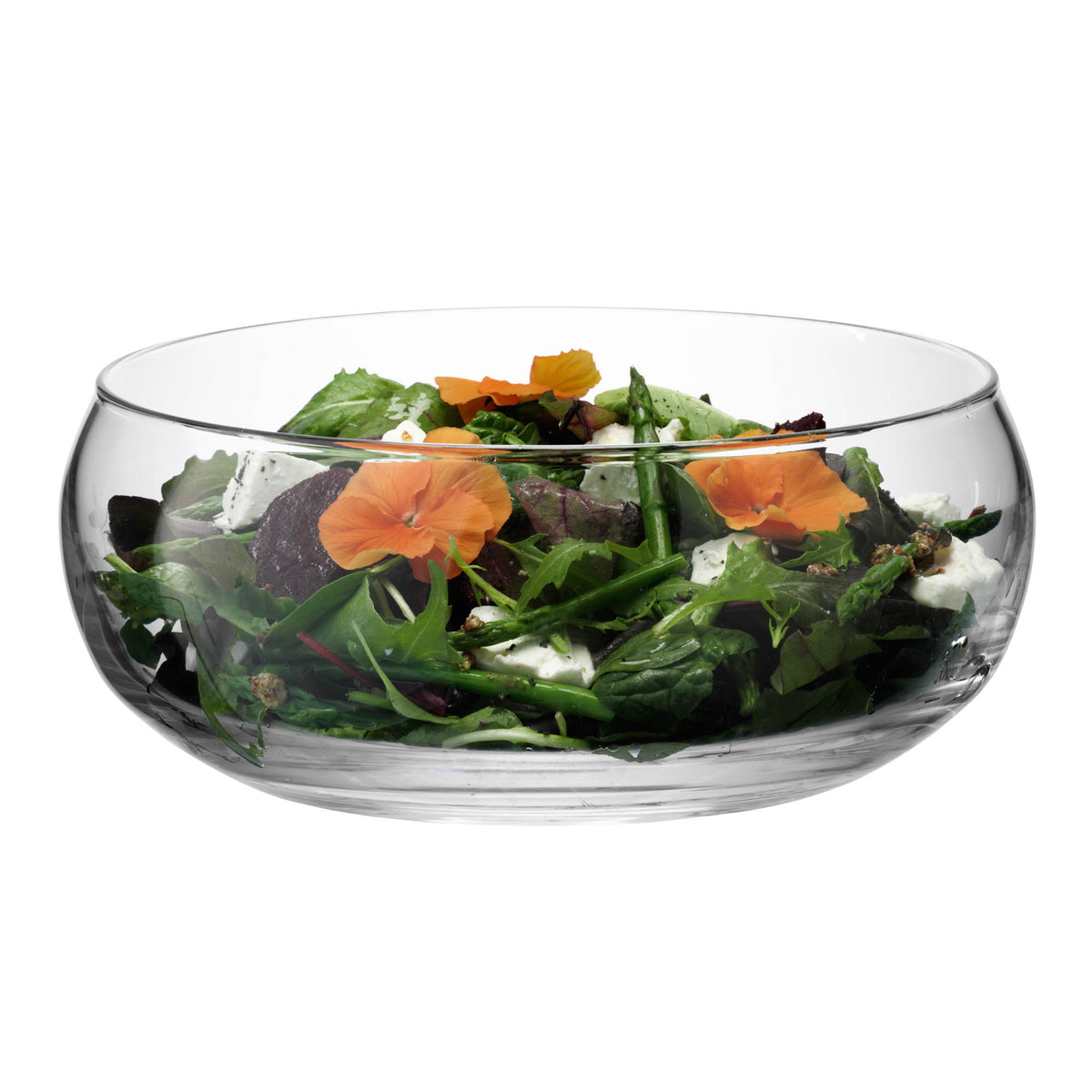 LSA Serve Low Bowl with clear glass, 27.5cm diameter, elegant round shape ideal for serving salads or snacks.