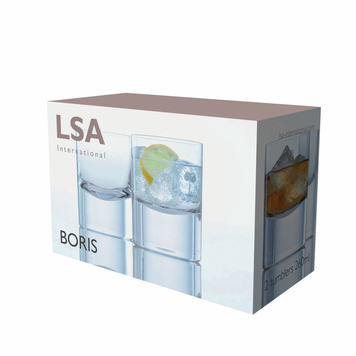 Two clear LSA Boris tumblers, 250ml capacity, made of glass with a sleek, modern design, shown against a white background.
