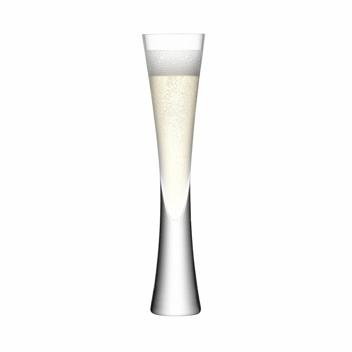 Pair of LSA Moya champagne flutes in clear glass, 170ml capacity, elegant stemware for celebrating special occasions.