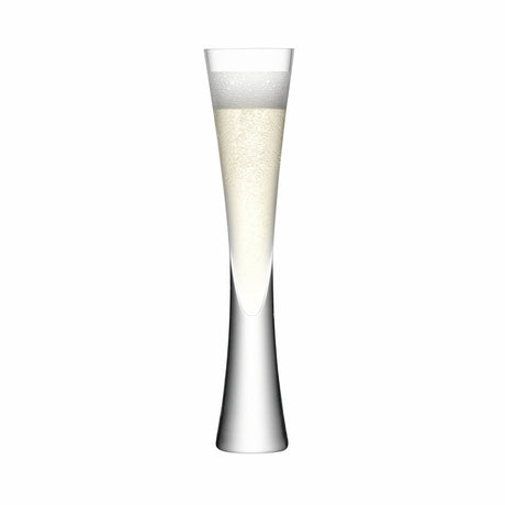 Pair of LSA Moya champagne flutes in clear glass, 170ml capacity, elegant stemware for celebrating special occasions.