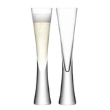 Pair of clear LSA Moya champagne flutes, 170ml, with elegant long stems and rounded bowls for sparkling wine.