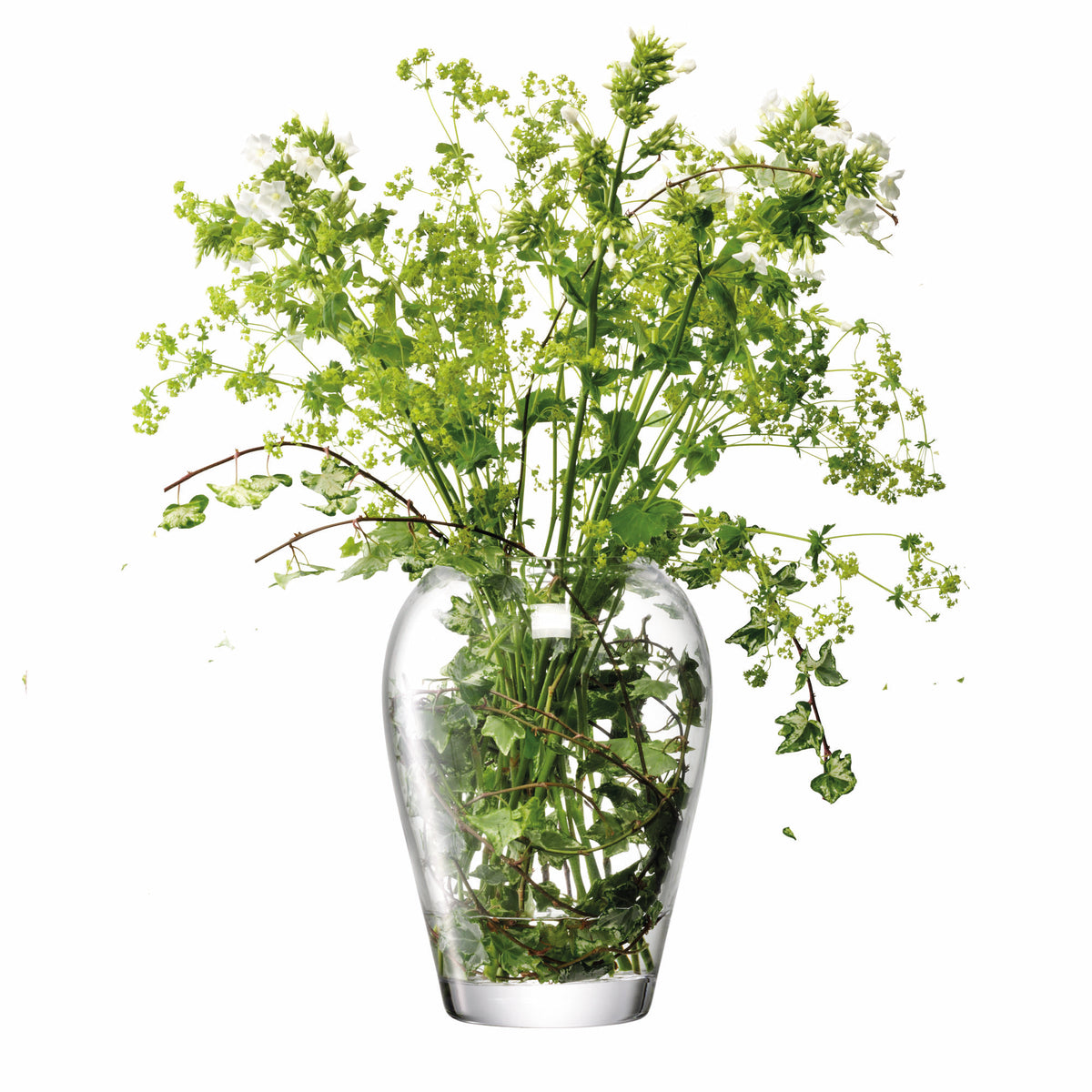 Clear glass vase from LSA Flower Garden Bouquet design, 25cm tall with a decorative floral pattern.