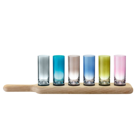LSA Paddle Vodka Set with assorted color oak paddle, includes vodka glasses and a 40cm wooden paddle for serving or display.