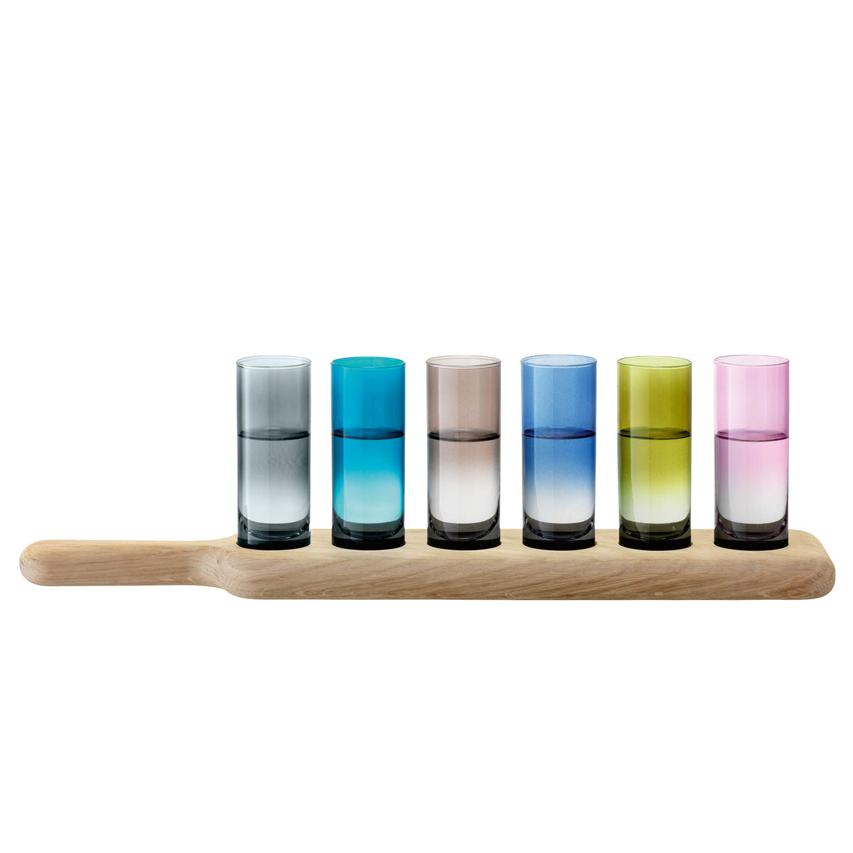 LSA Paddle Vodka Set with assorted colored oak paddles, includes a 40cm LSA brand paddle and vodka glasses.