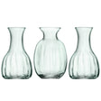 Set of three LSA Mia Mini Vases in recycled glass, featuring optic design and 11cm height, perfect for small floral arrangements.