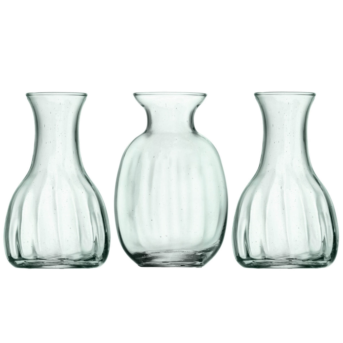 Set of three LSA Mia Mini Vases in recycled glass, featuring optic design and 11cm height, perfect for small floral arrangements.