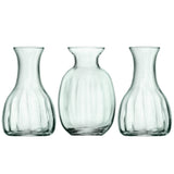 Set of three LSA Mia Mini Vases in recycled glass, featuring optic design and 11cm height, perfect for small floral arrangements.