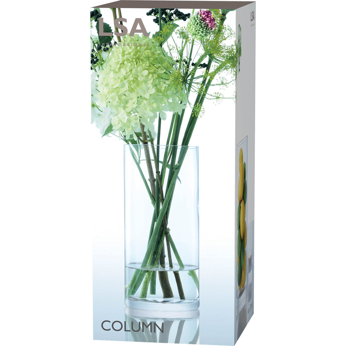 Clear LSA column vase, 28cm tall with 13cm diameter, featuring a sleek, modern design ideal for floral arrangements.