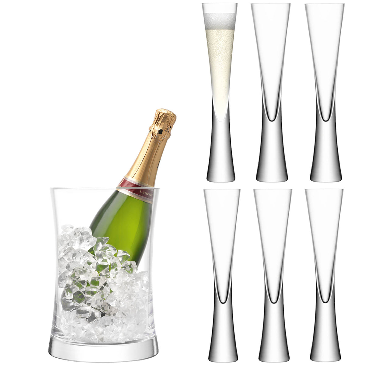 LSA Moya serving set with clear glass champagne flutes and matching tray for elegant beverage presentation.