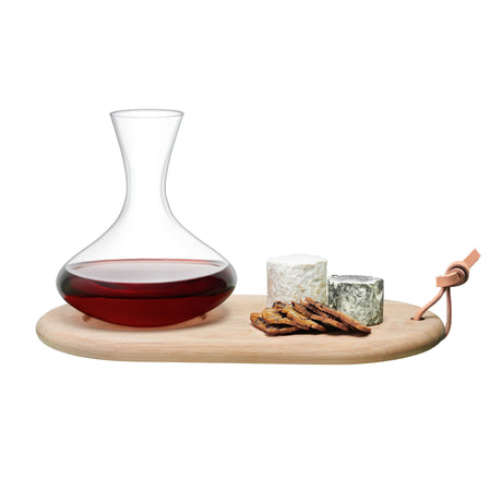LSA wine carafe 1.4L and oak cheese board set, clear glass carafe with sleek design and natural wood cheese board for serving.