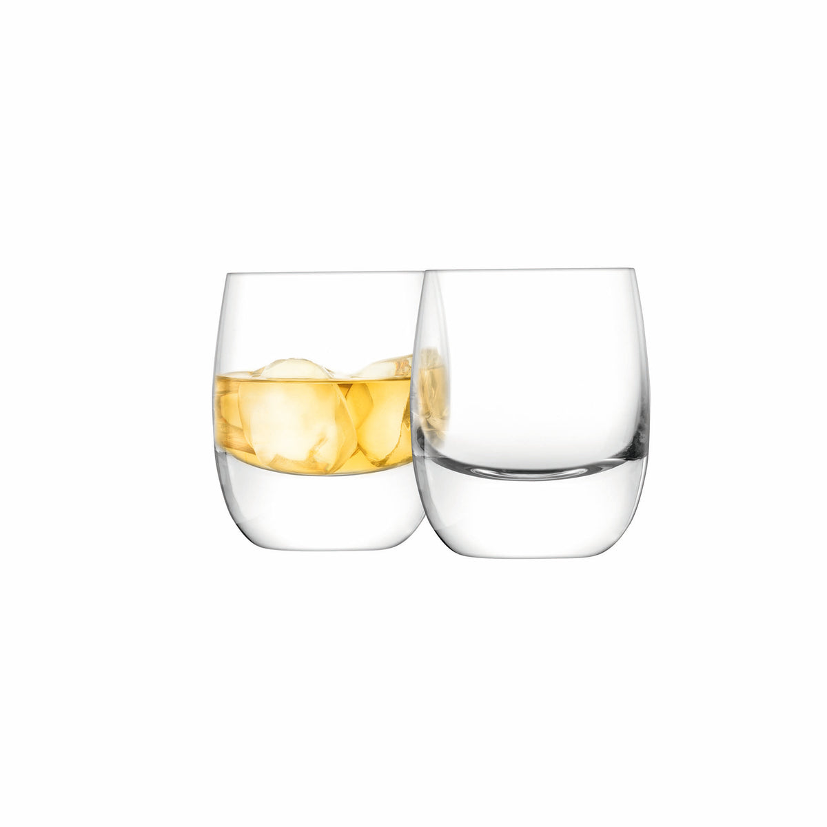 Pair of clear LSA whisky tumblers, 275ml capacity, with a sleek, rounded design for enjoying spirits in style.