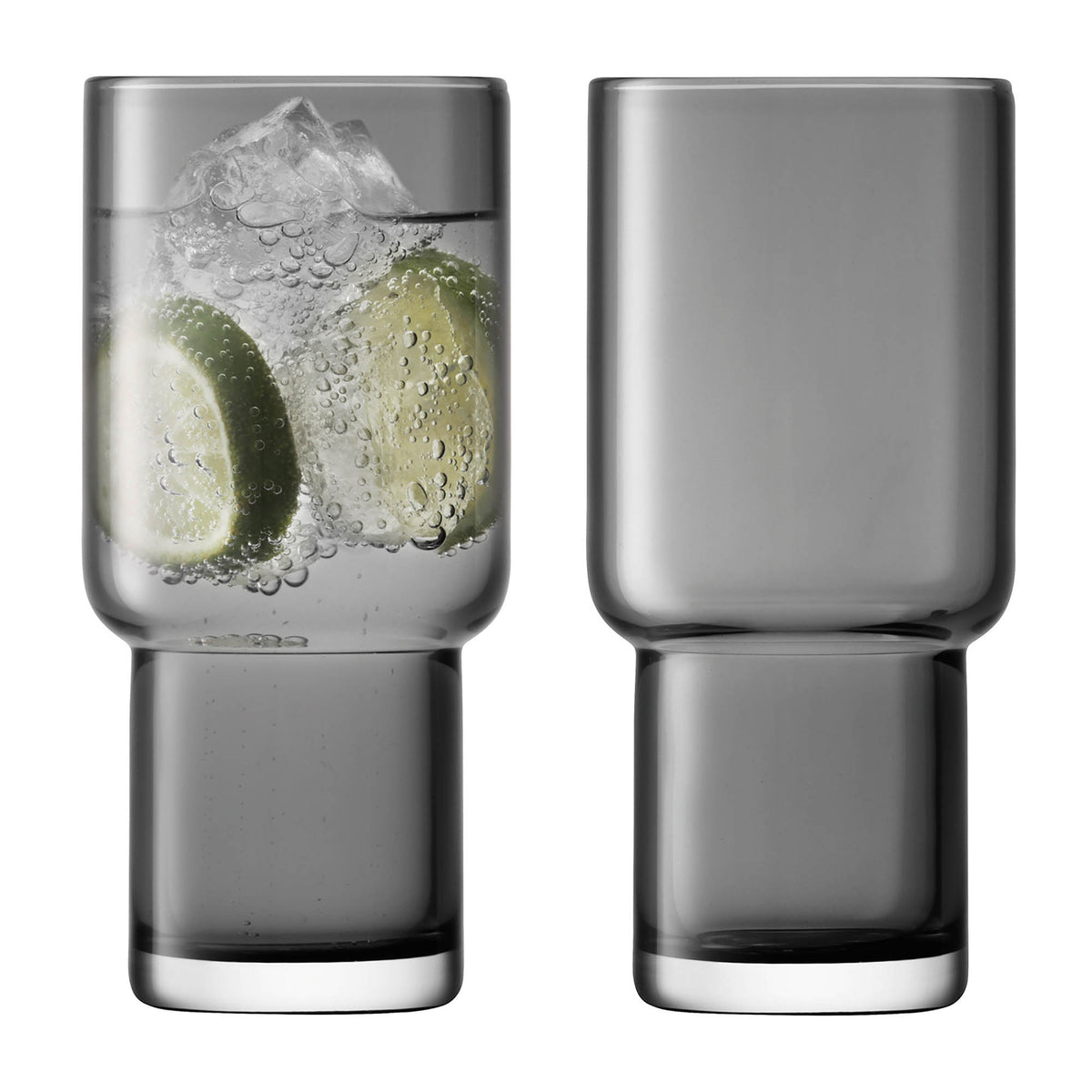 Two LSA Utility Highball glasses in slate color, 390ml capacity, designed for long drinks, shown filled with beverage.