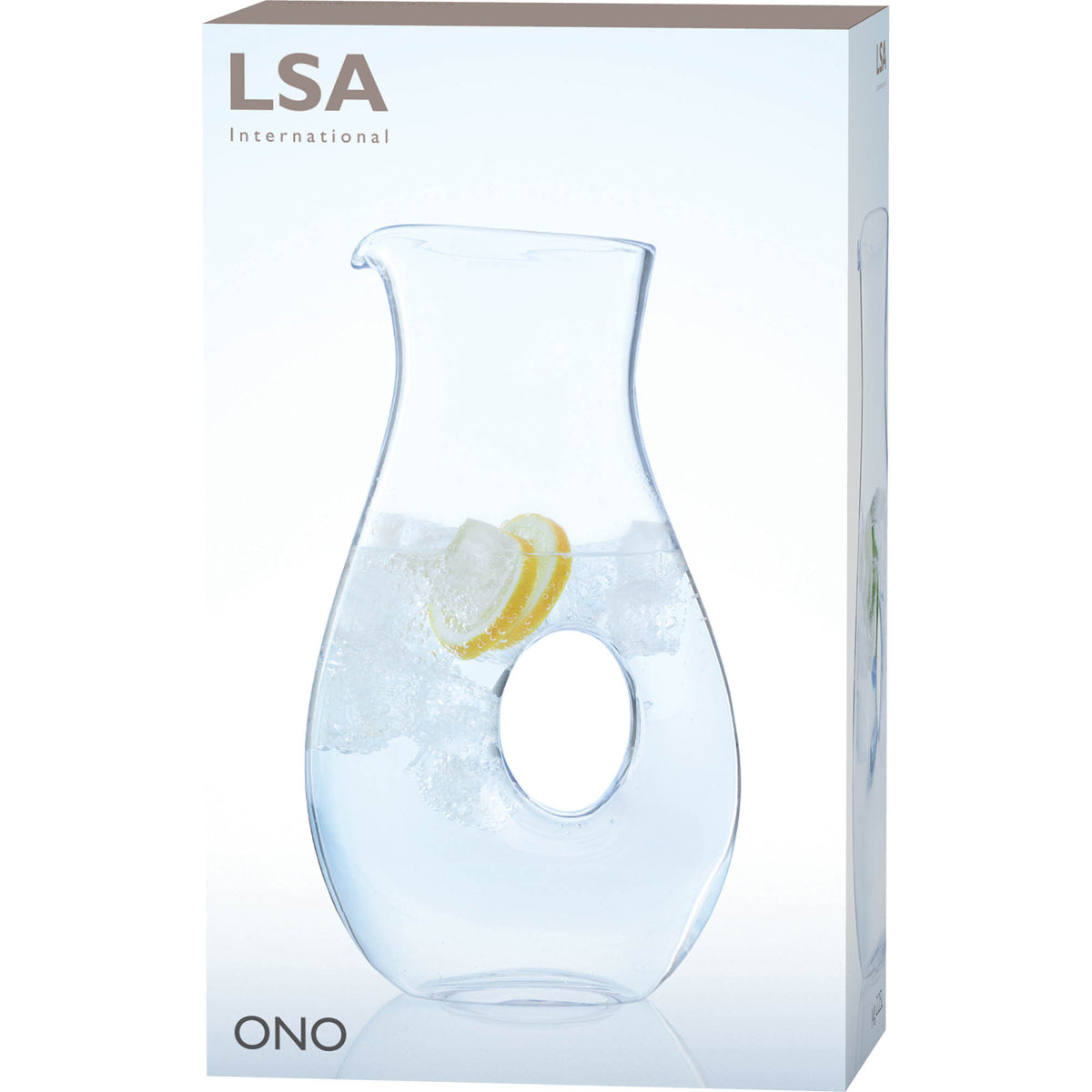 Clear LSA Ono Jug 2.25L karaffe with a sleek, modern design and transparent glass construction for serving beverages.