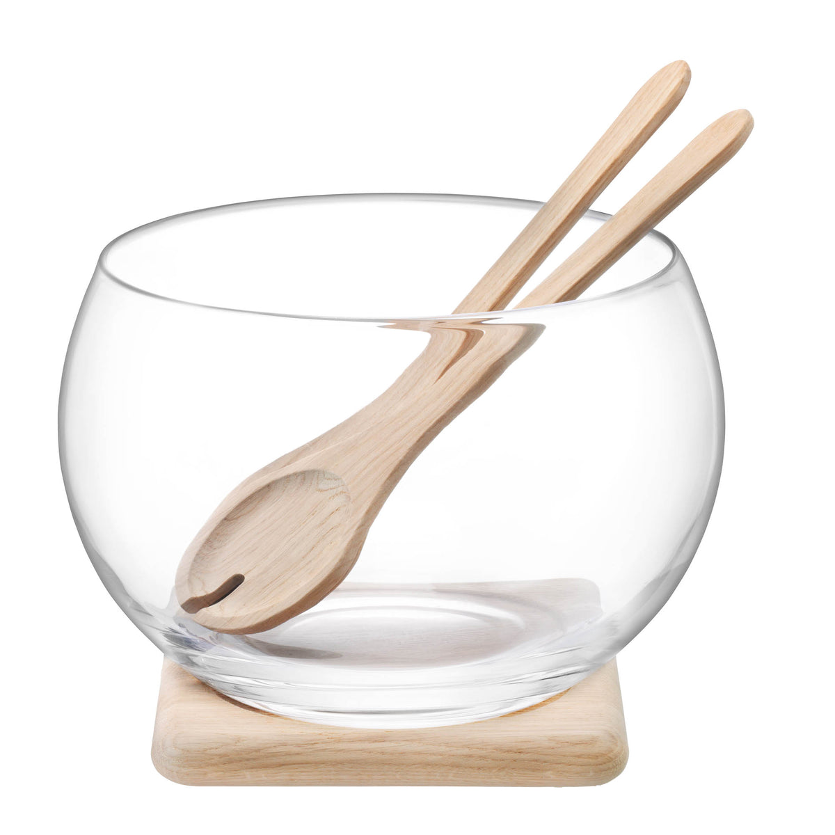 Clear glass salad serving set with oak base, featuring a large Ø27cm bowl by LSA for elegant presentation.