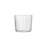 Set of four LSA Gio Line 310ml clear glass tumblers with sleek, modern design for beverages.