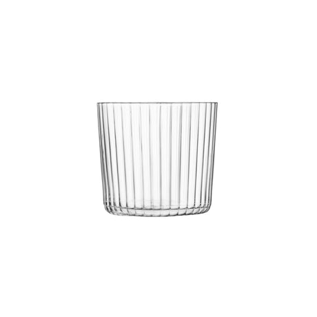Set of four LSA Gio Line 310ml clear glass tumblers with sleek, modern design for beverages.
