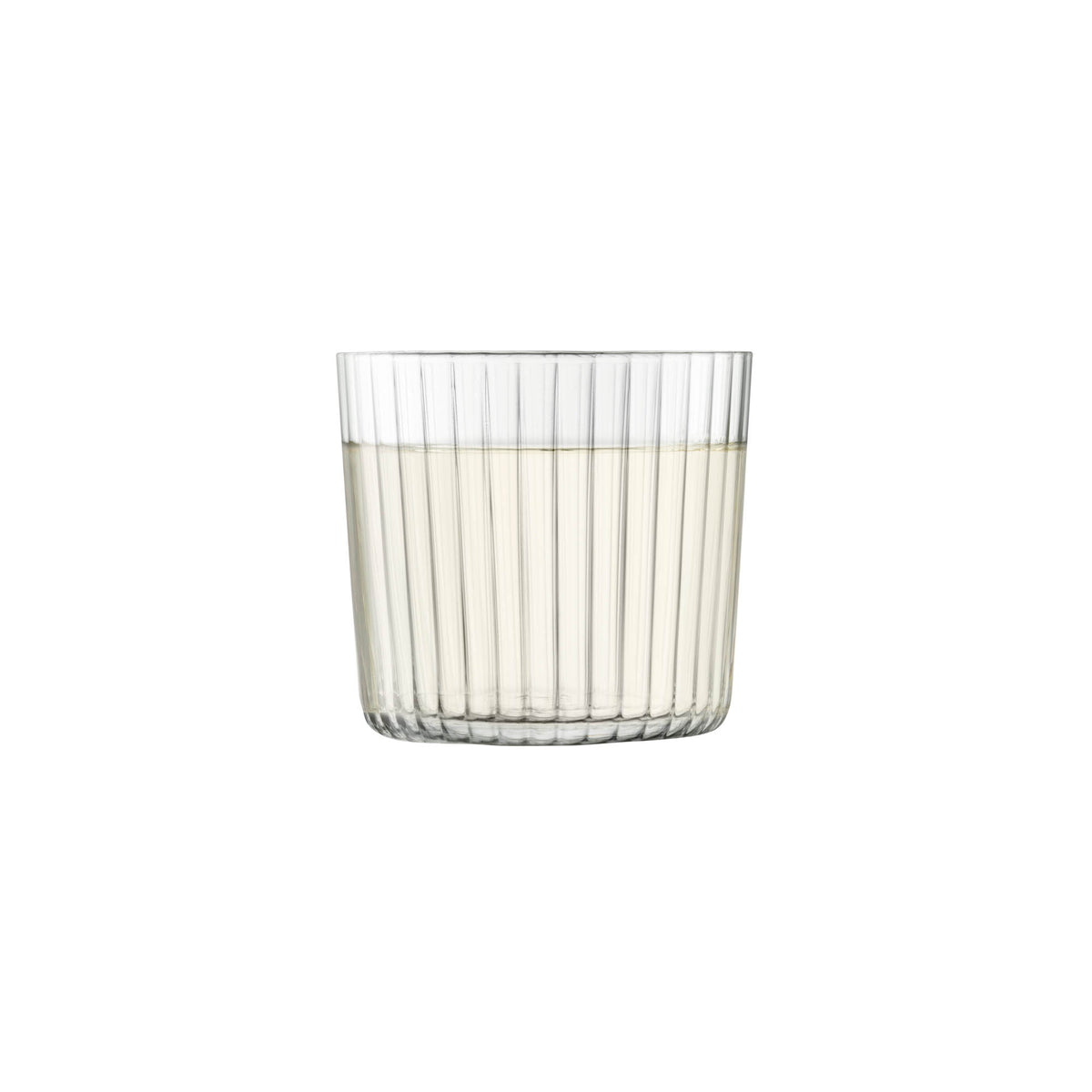 Set of four clear LSA Gio Line Tumblers, 310ml, showcasing modern glass design and smooth rounded edges.