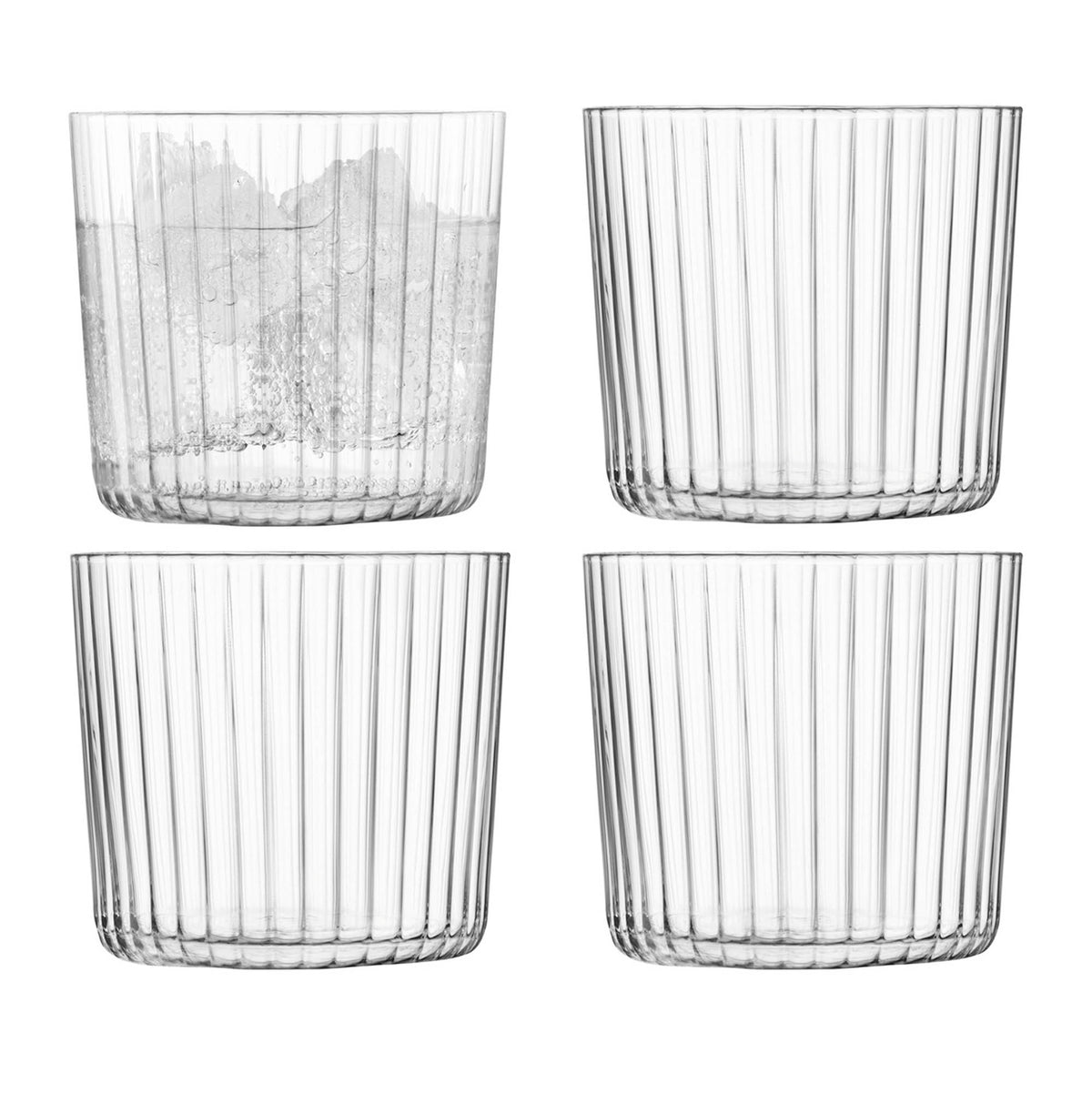 Set of four clear LSA Gio Line tumblers, 310ml capacity, showcasing sleek, modern glass design for beverages.