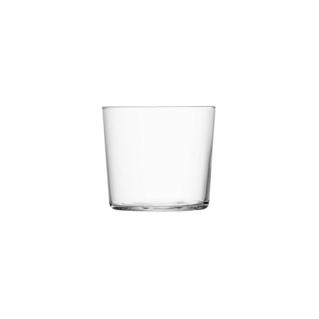 Set of four clear LSA Gio low tumblers, 310ml capacity, stylish glass drinkware for beverages.