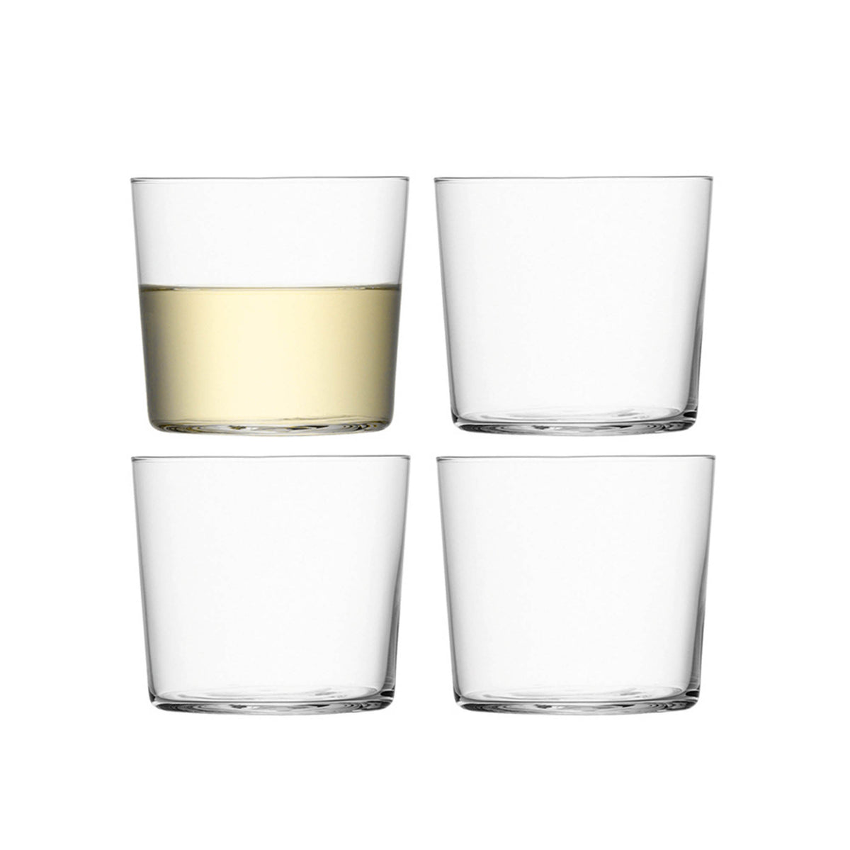 Set of four clear LSA Gio low tumblers, 310ml capacity, with sleek modern design for everyday use.