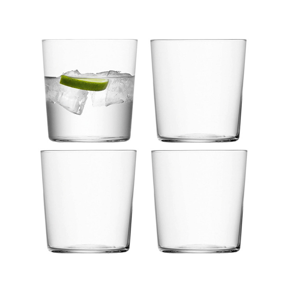 Set of four small LSA Gio tumblers, 390ml clear glass drinkware, showcasing sleek, modern design for beverages.
