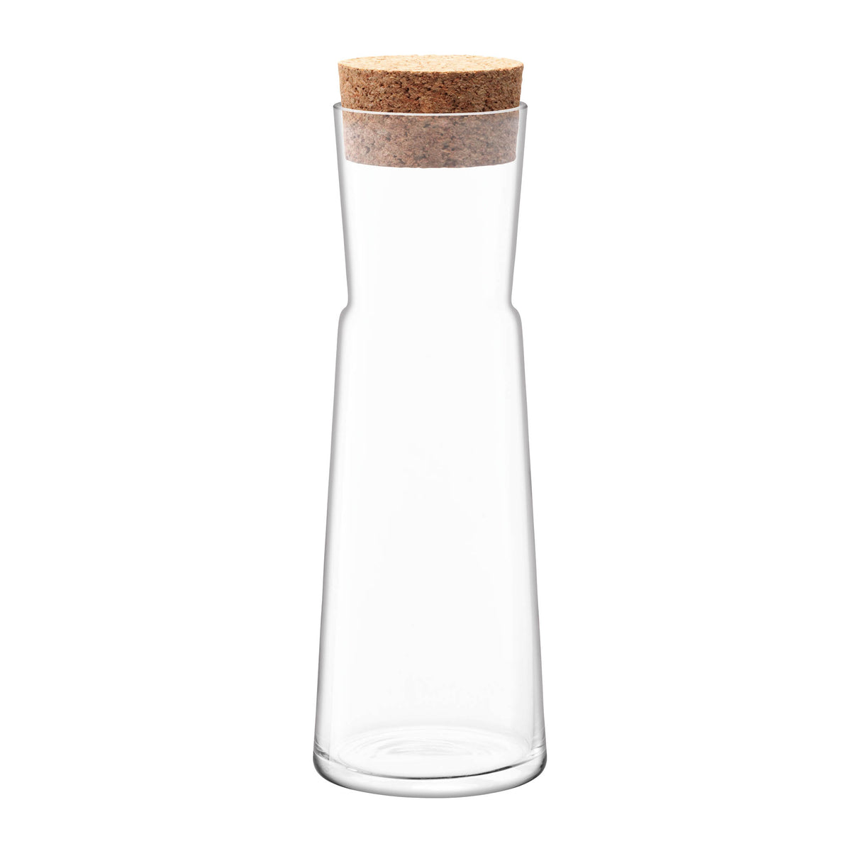Clear LSA Gio carafe with 1.35L capacity and cork stopper, elegant glass beverage bottle for serving drinks.
