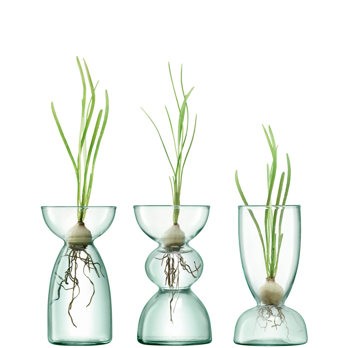 LSA Canopy Trio Vase Set in recycled material, featuring three elegant glass vases with rounded shapes and textured surfaces.