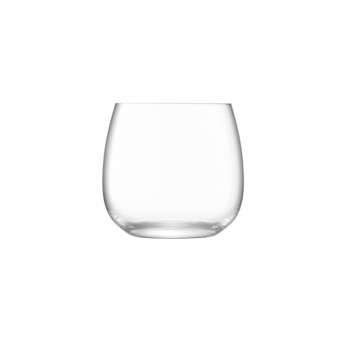 Set of four clear LSA Borough stemless wine glasses, 370ml capacity, with smooth rounded design and transparent glass.