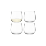 Set of four clear LSA Borough stemless wine glasses, 370ml capacity, showcasing modern design and transparent glass.