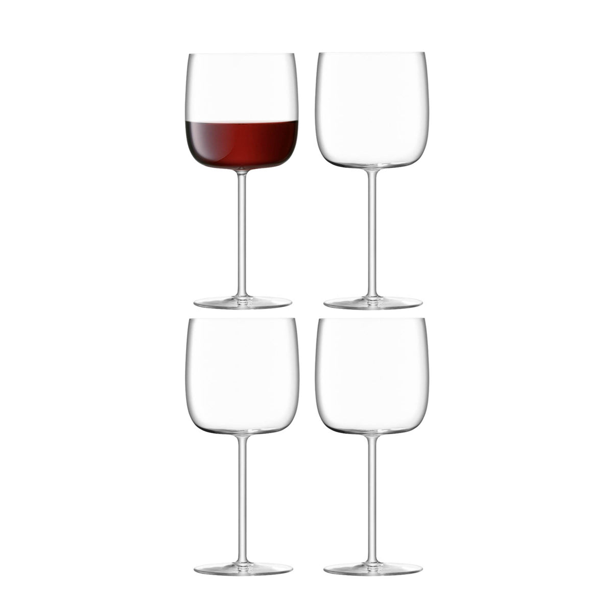Set of four clear LSA Borough wine glasses, 450ml capacity, elegant design for serving wine, pictured in the image.