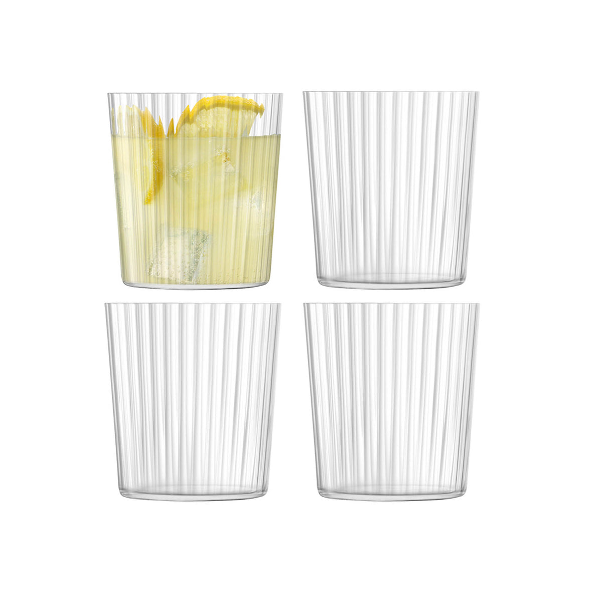 Set of four clear LSA Gio Line tumblers, 390ml capacity, with sleek modern design for beverages.
